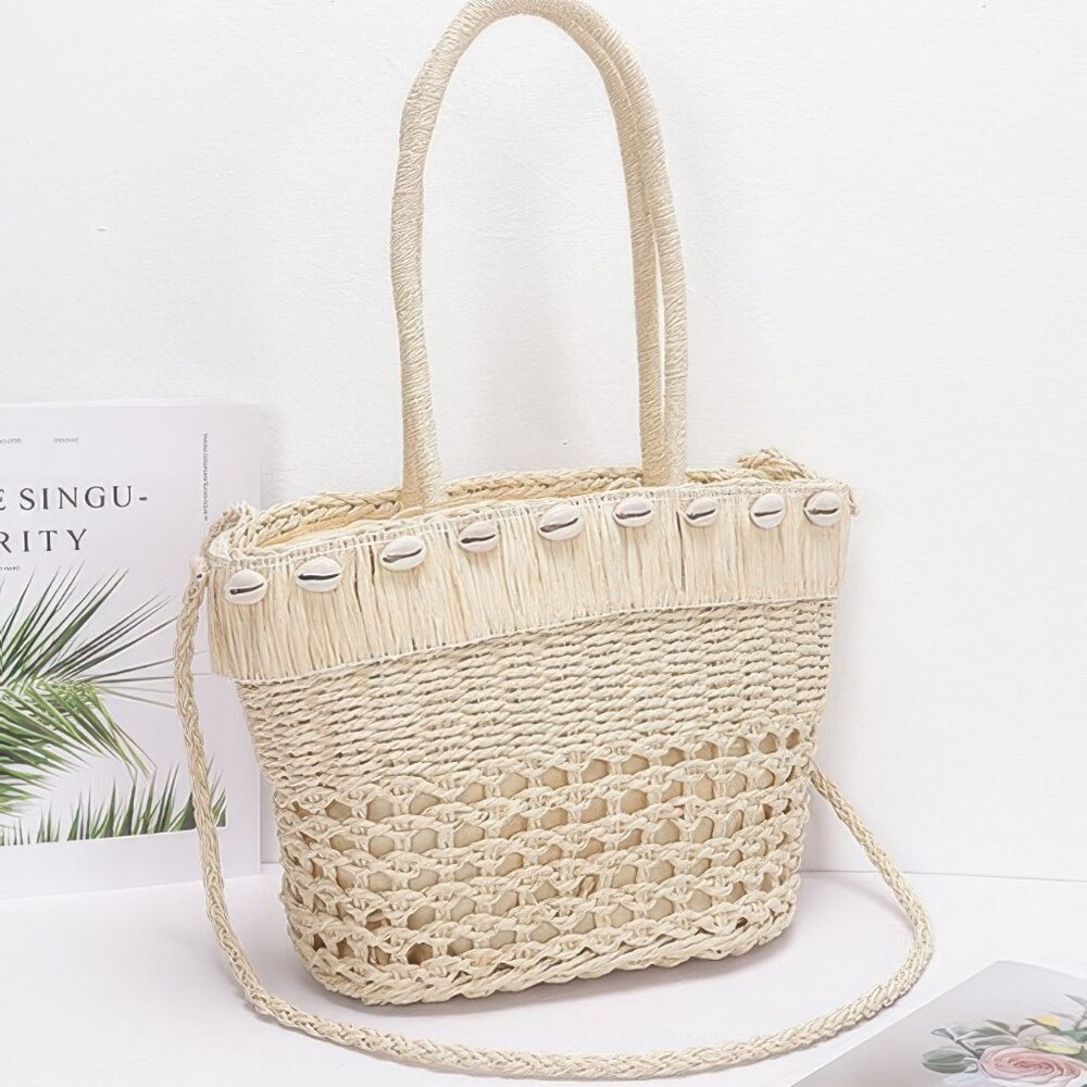 Faux Straw Shell Tote Bag